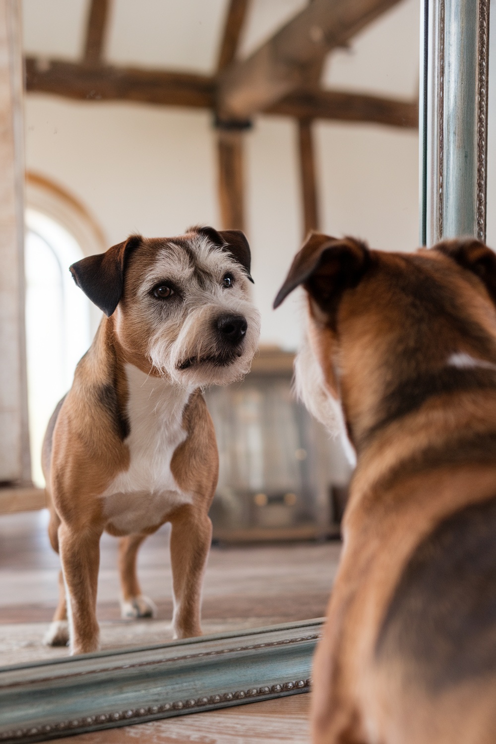 A Border Terrier looking at its reflection in a mirror, appearing curious and confused.