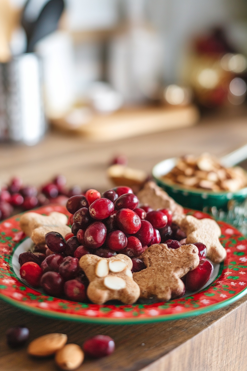 A plate of cranberry and almond dog treats with a festive design.