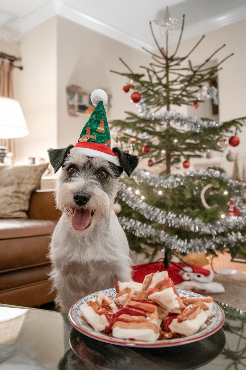 A terrier dog wearing a Christmas hat sitting in front of a plate of holiday treats.