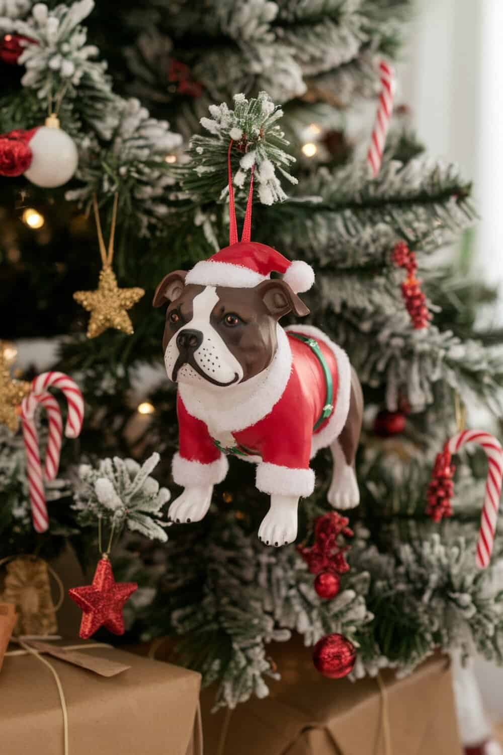 Staffordshire Bull Terrier ornament dressed in a Santa suit hanging on a Christmas tree