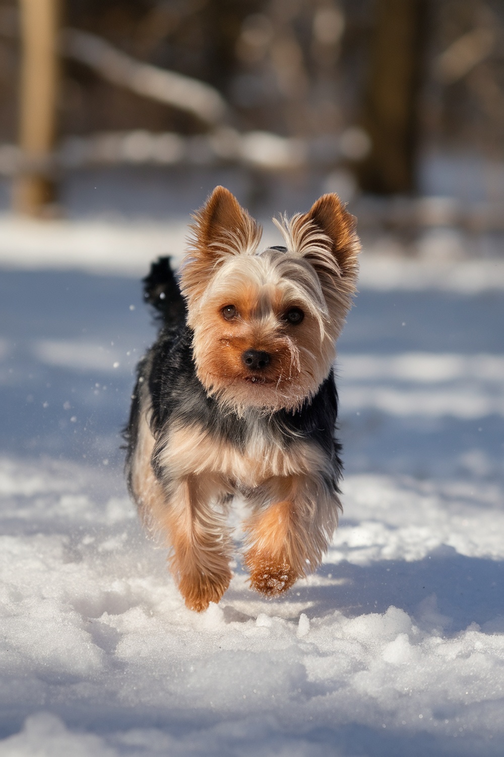 A Yorkshire Terrier running in the snow.