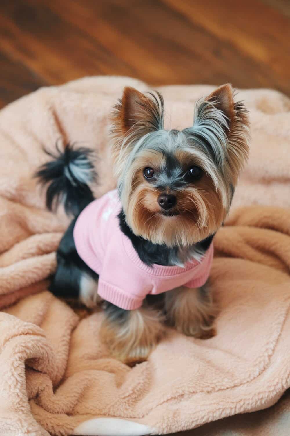 A cute Teacup Yorkie wearing a pink sweater, sitting on a soft blanket.