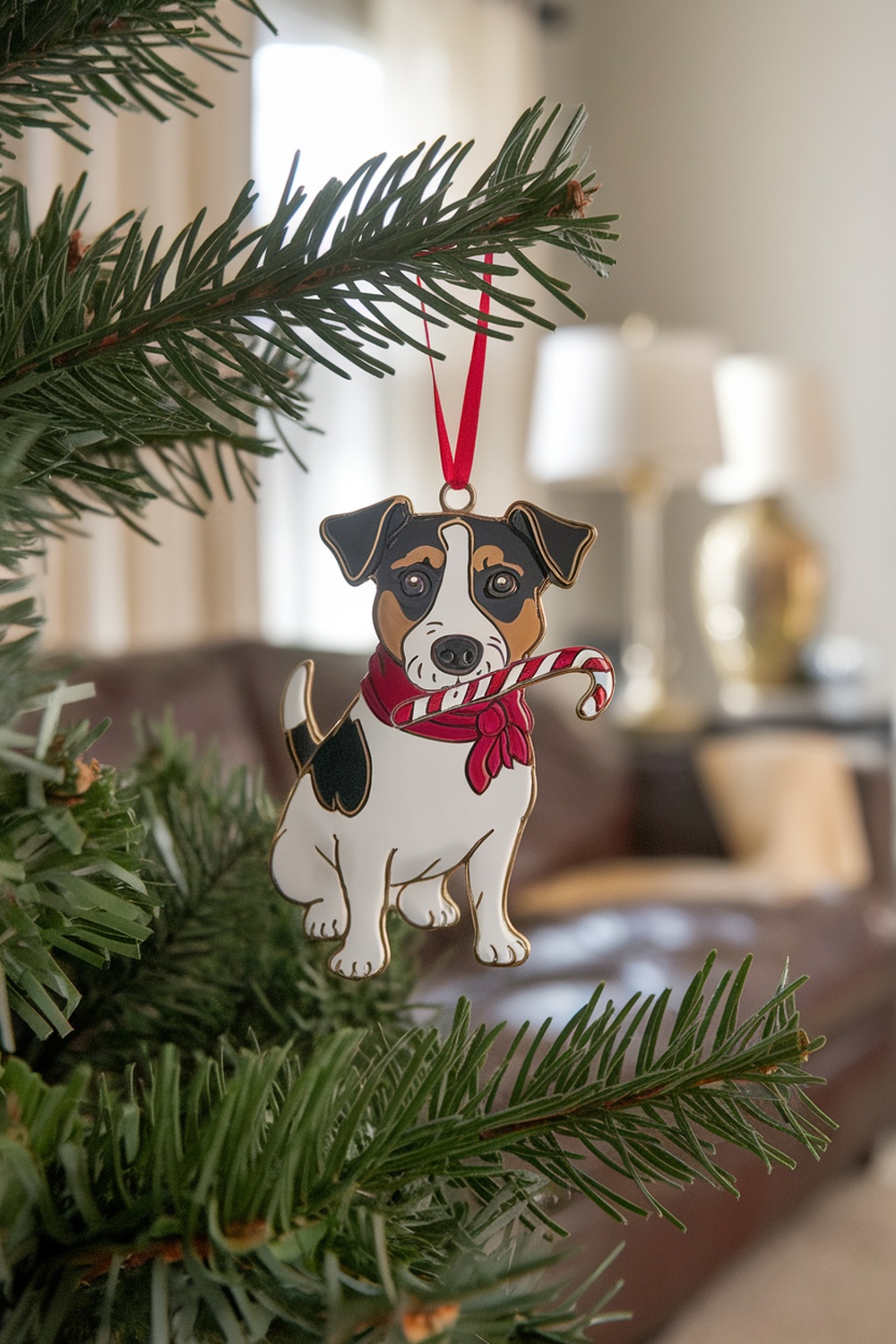 A Parson Russell Terrier ornament hanging on a Christmas tree, featuring a candy cane and a festive scarf.