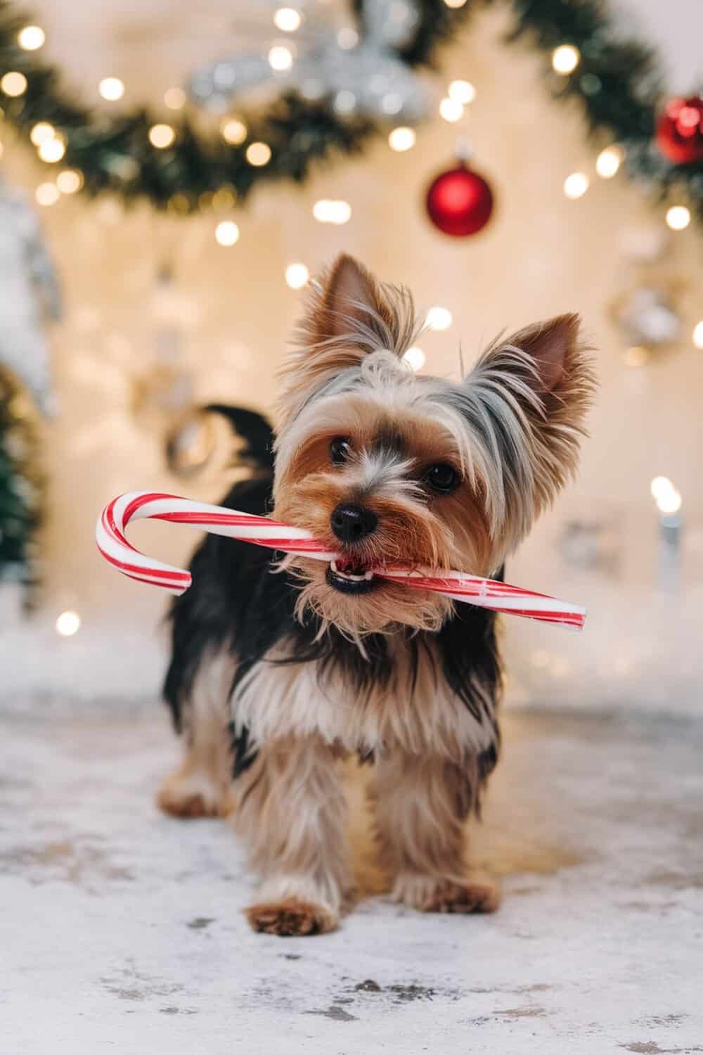 Yorkshire Terrier holding a candy cane, surrounded by Christmas decorations