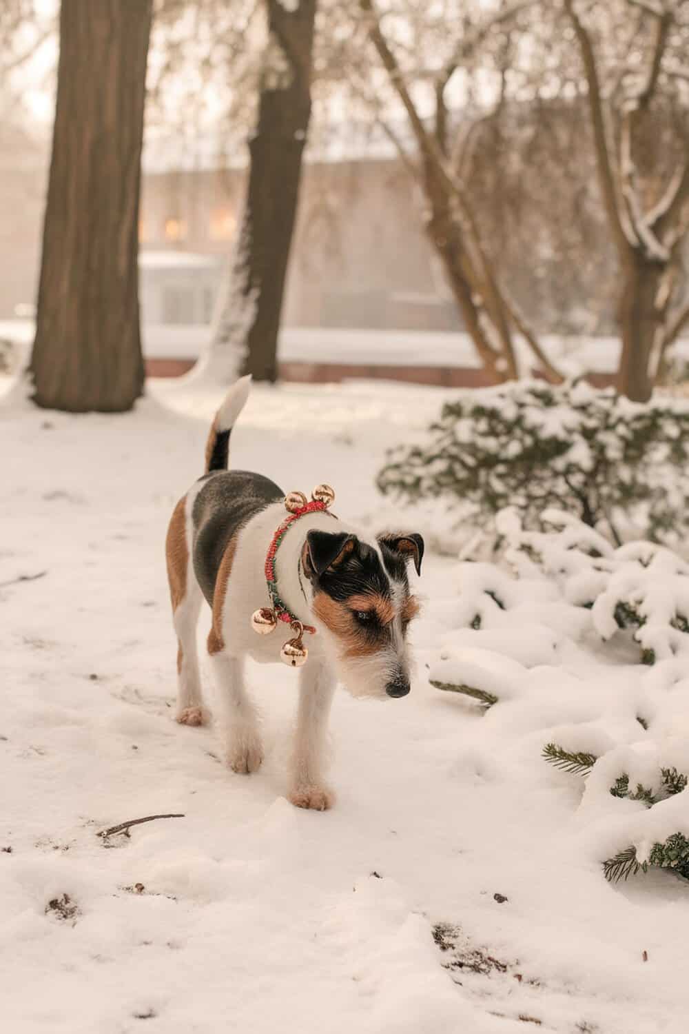 A terrier dog wearing a festive collar with bells in a snowy setting.