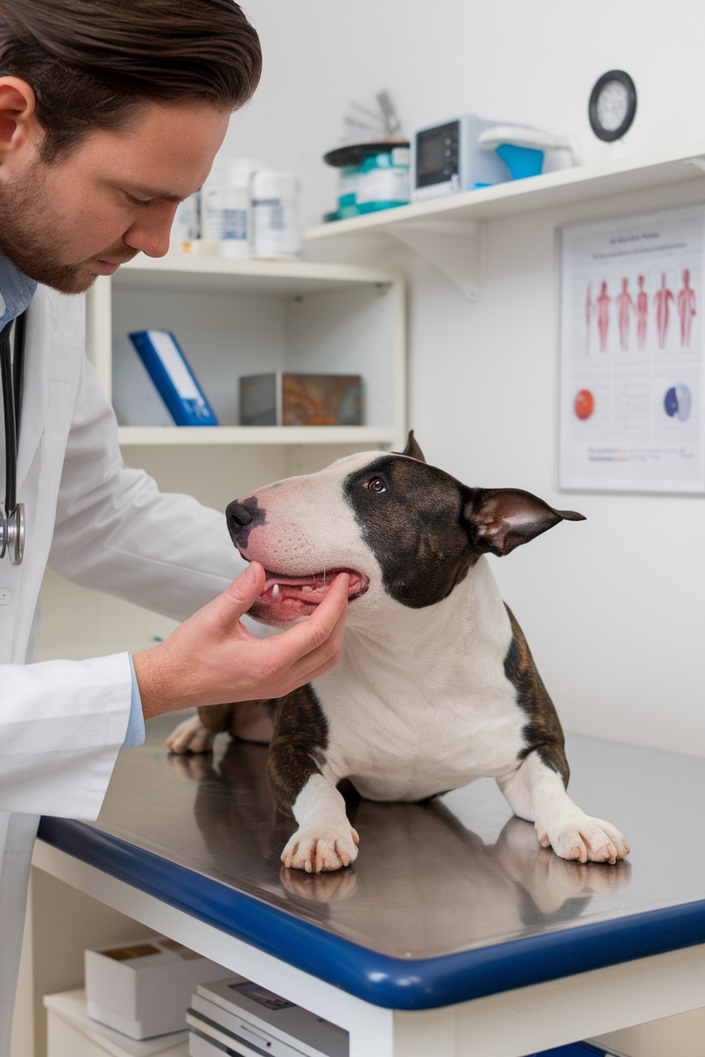 A veterinarian examining a Bull Terrier's mouth during a check-up.