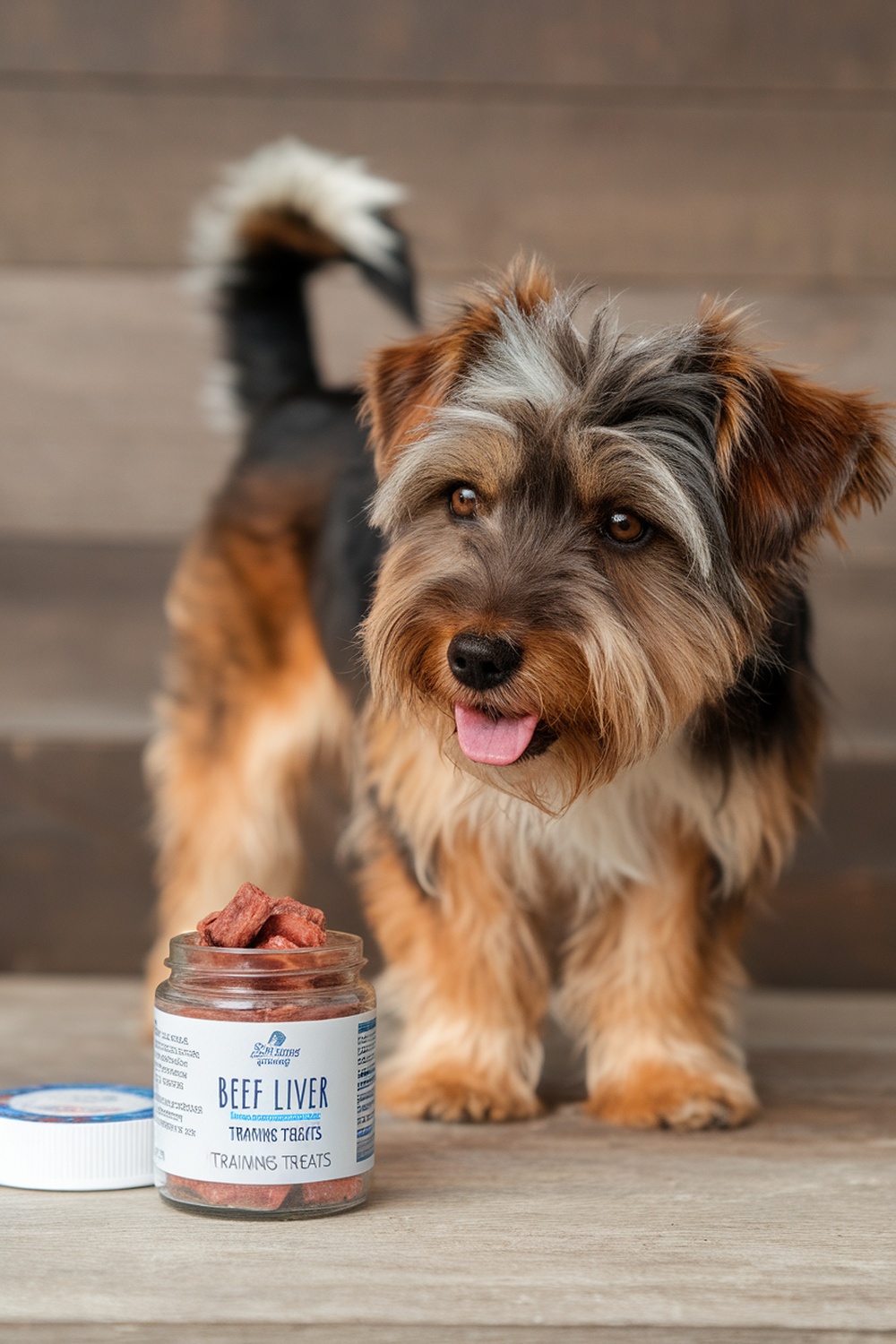 A terrier looking at a jar of beef liver training treats.