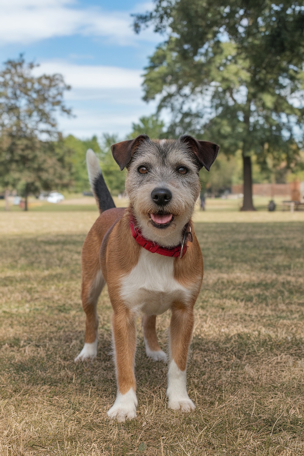 A happy Border Terrier standing in a park, showcasing its friendly demeanor.
