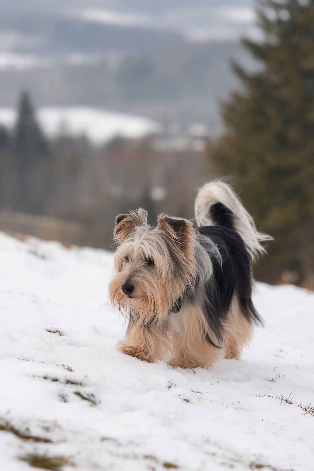 A Tibetan Terrier walking in the snow.