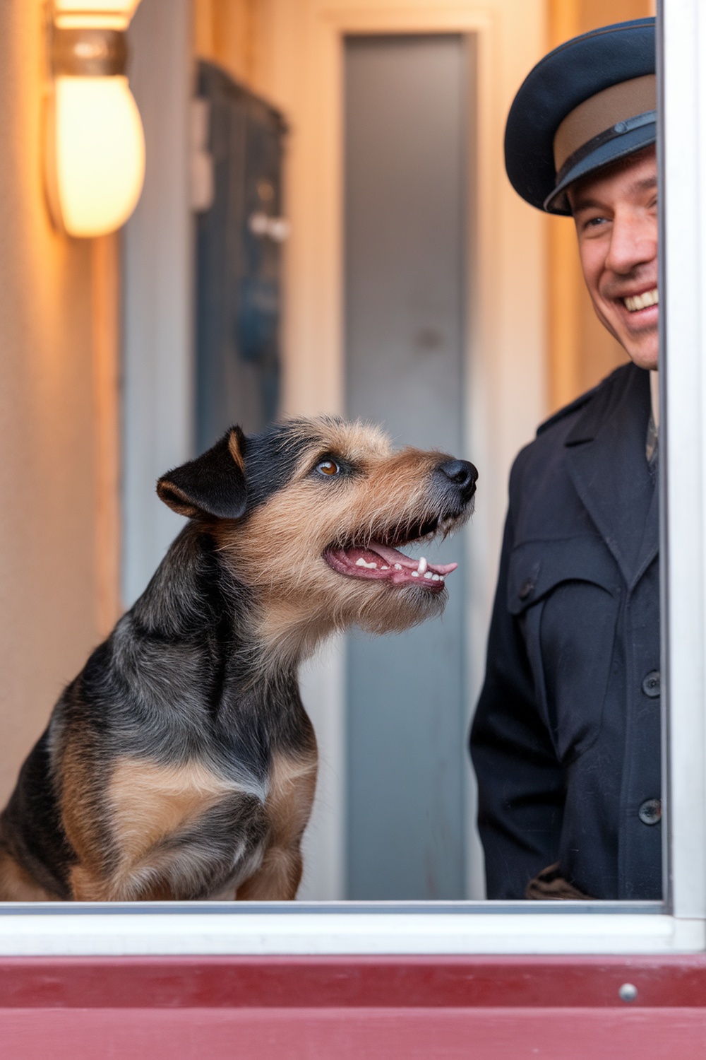 A Border Terrier happily barking at a smiling mailman through a window.