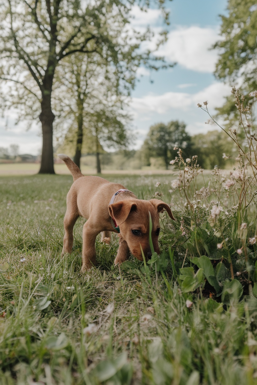 A Border Terrier puppy exploring grass and flowers in a park.