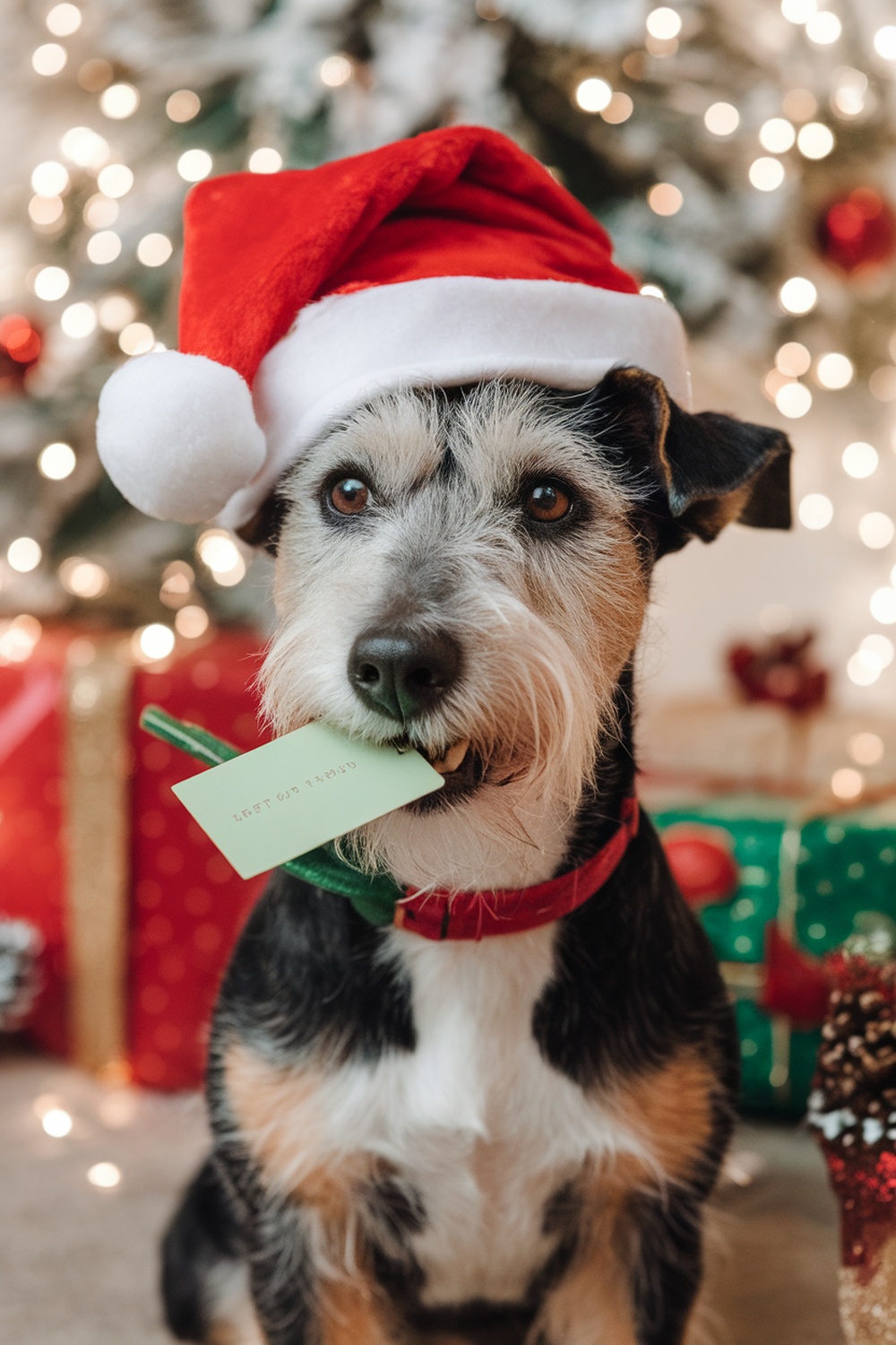 A terrier dog wearing a Christmas hat, holding a green gift tag in its mouth, with a decorated tree and gifts in the background.