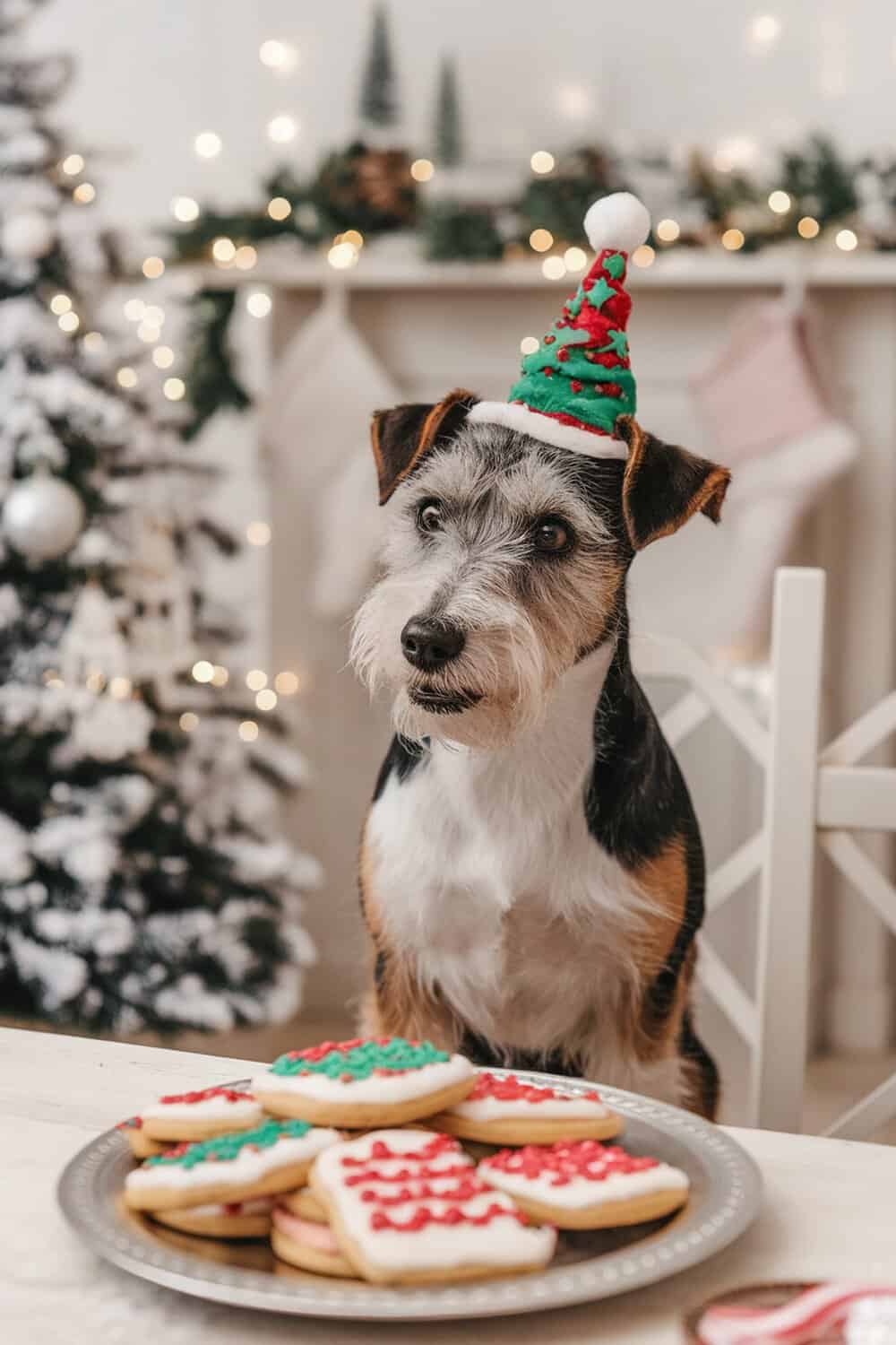 A terrier dog wearing a Christmas hat sitting in front of a plate of decorated cookies.