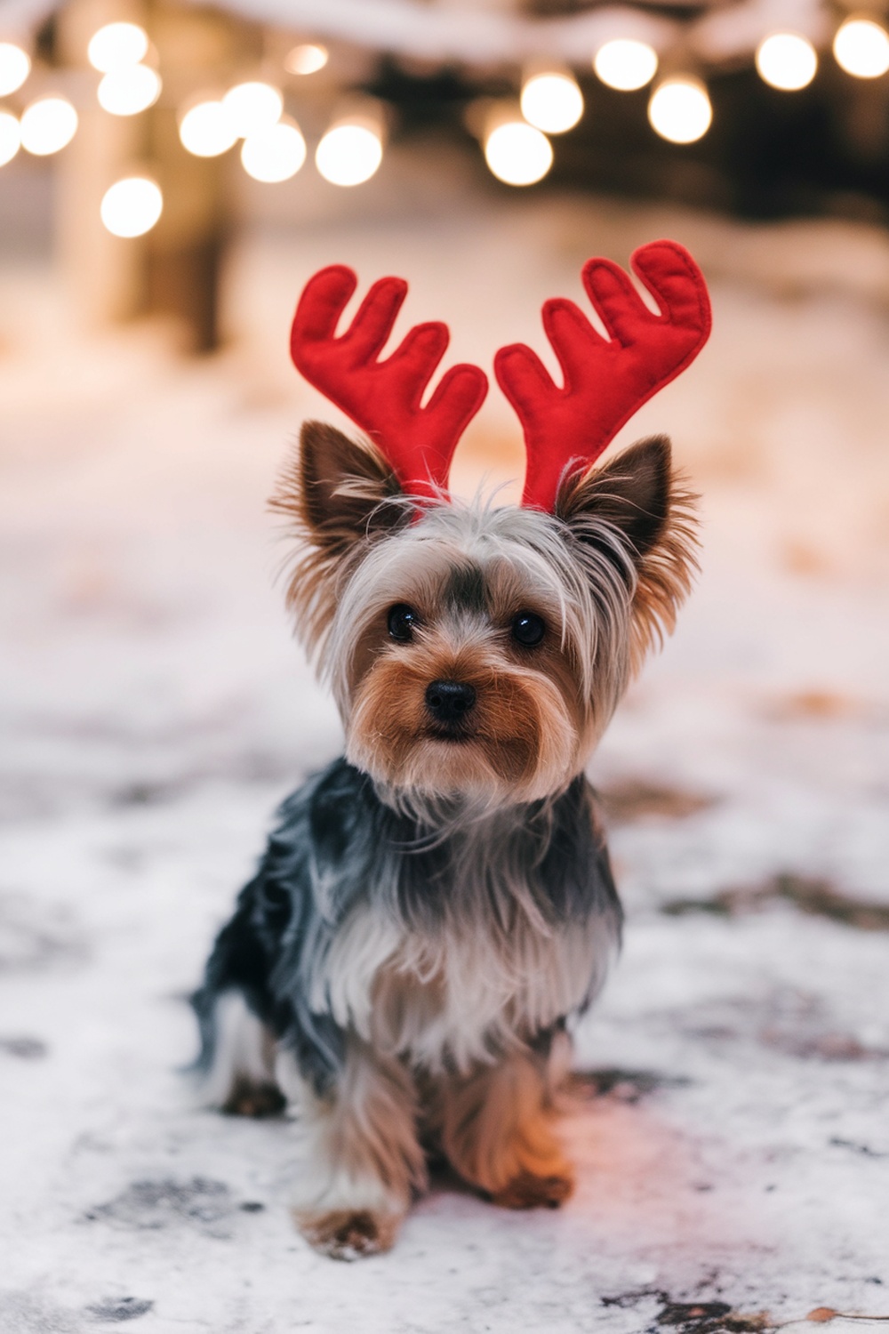 Yorkshire Terrier wearing red reindeer antlers in a snowy setting