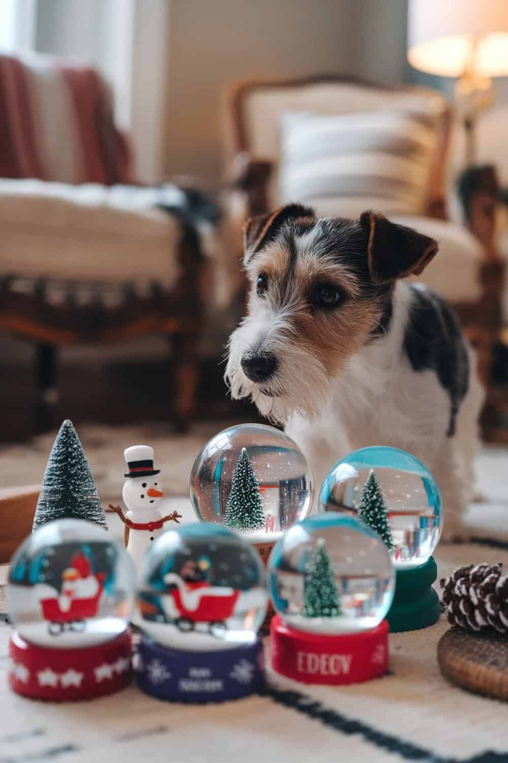 A terrier dog looking at colorful snow globes with festive decorations.