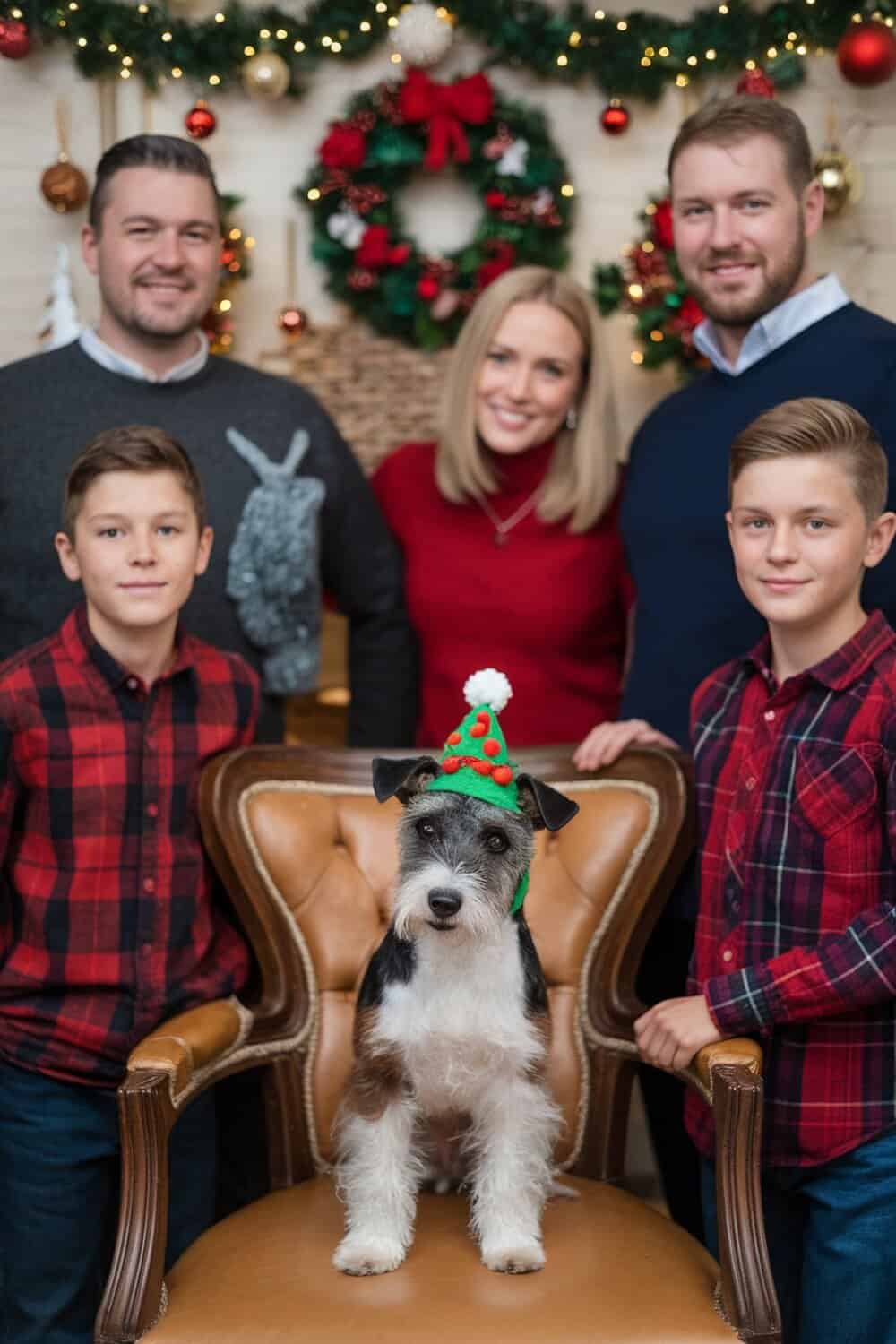 A terrier dog in a Christmas hat sitting on a chair with a family in a holiday setting.
