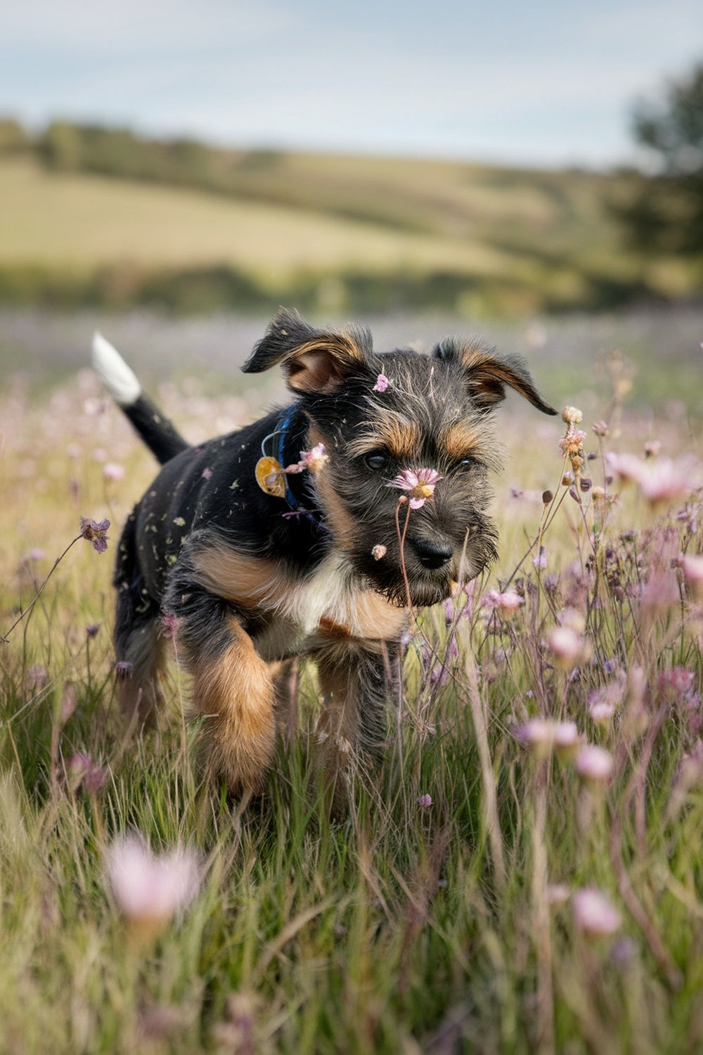A Border Terrier puppy exploring a field of flowers.