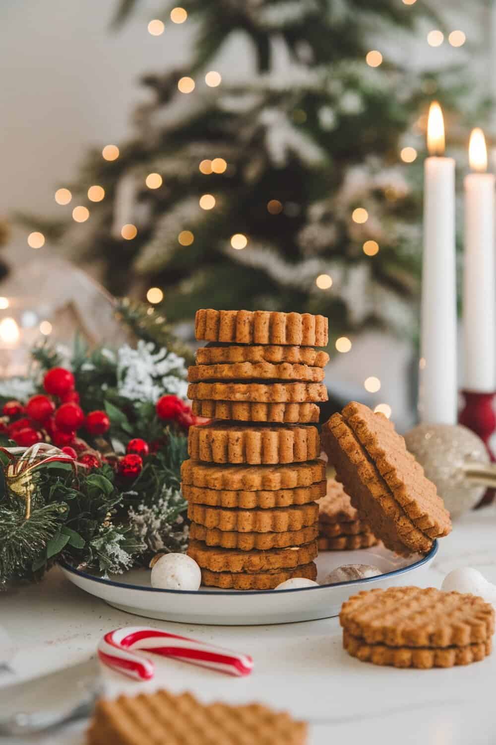 A plate of peanut butter and pumpkin biscuits stacked high, surrounded by festive decorations.