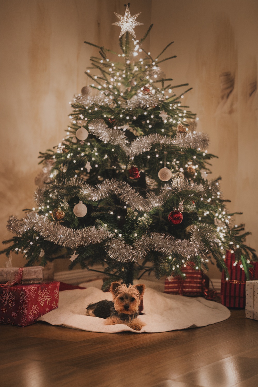 A Yorkie Terrier puppy resting under a beautifully decorated Christmas tree with presents.