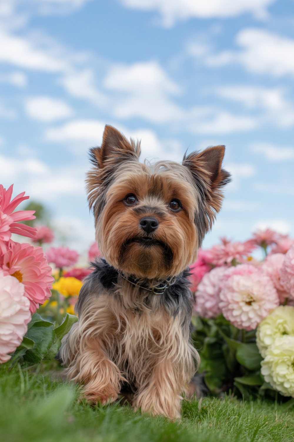 A Yorkshire Terrier sitting in a vibrant flower garden with pink and yellow flowers.