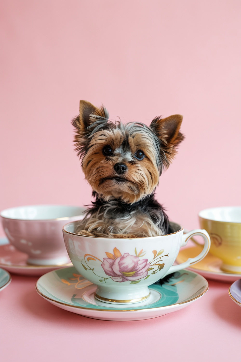 A Yorkshire Terrier sitting in a decorative tea cup with colorful plates around it.