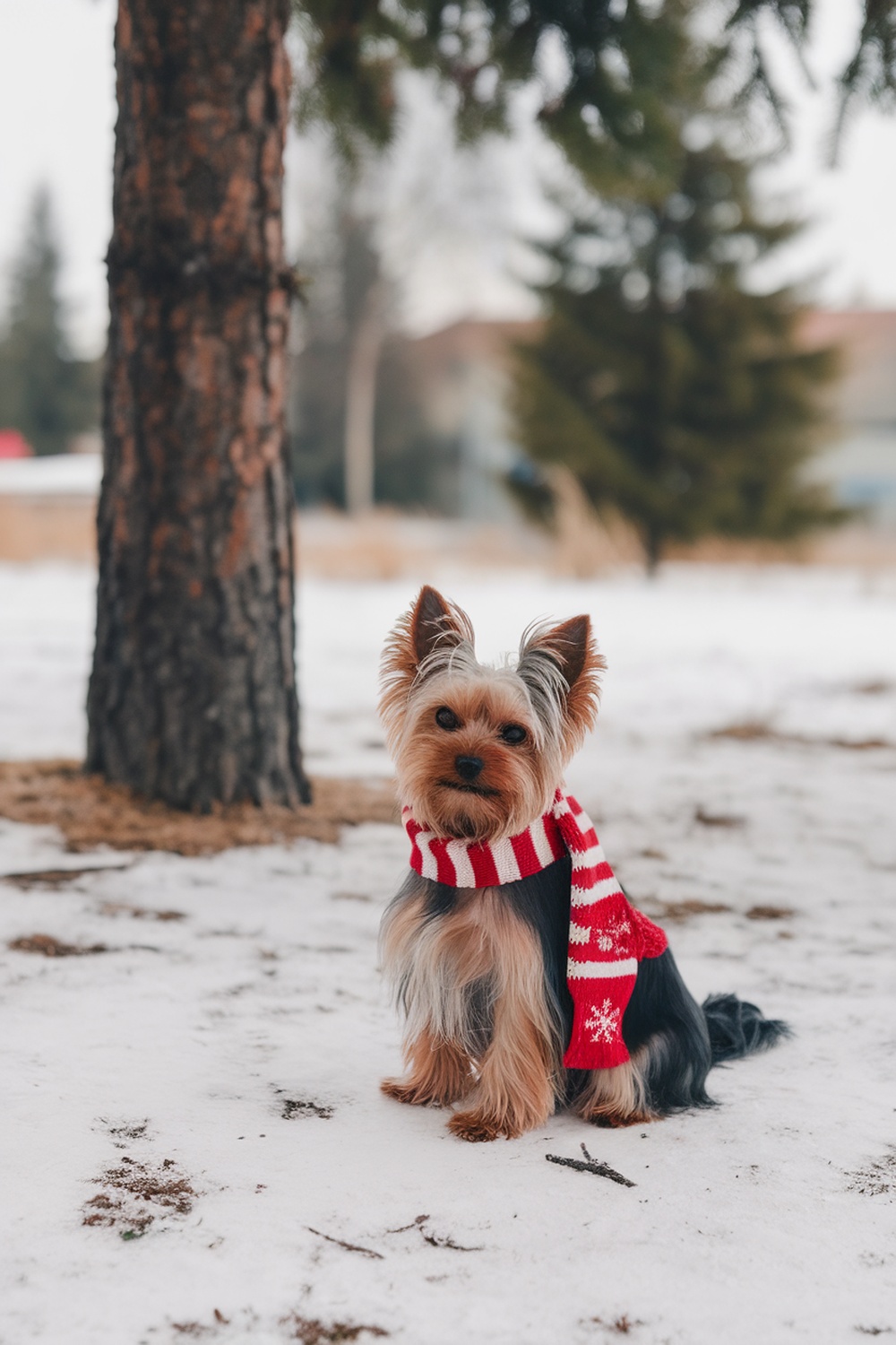 Yorkshire Terrier wearing a red and white Christmas scarf in a snowy outdoor setting
