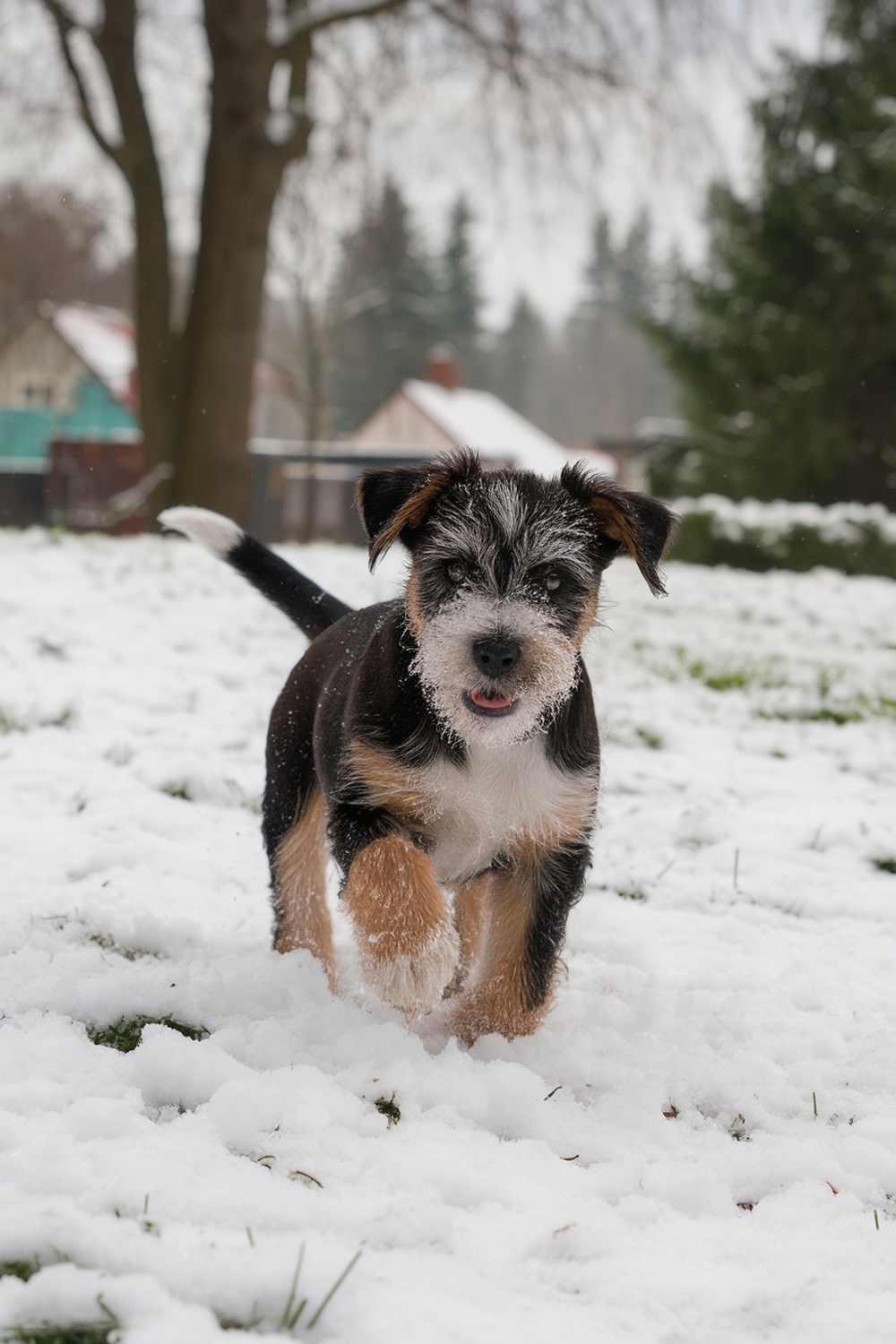 A Border Terrier puppy running in the snow, with a joyful expression and snowflakes on its fur.