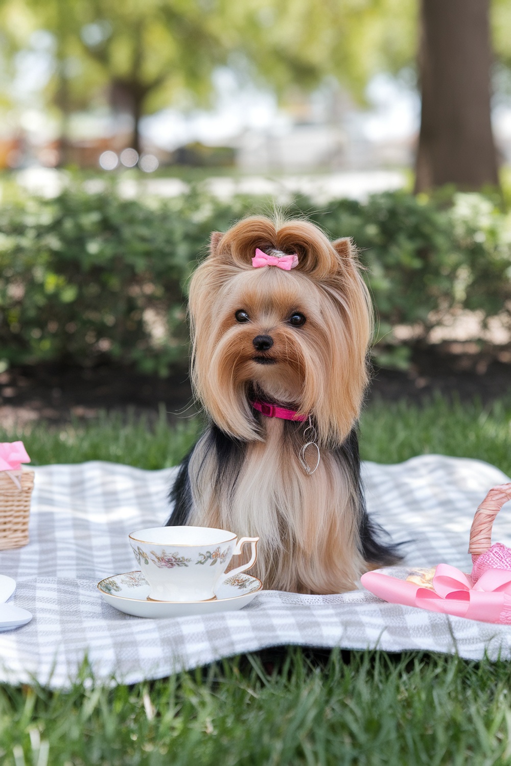 Teacup Yorkie with a half-updo hairstyle and a pink bow, sitting on a picnic blanket with a tea cup.