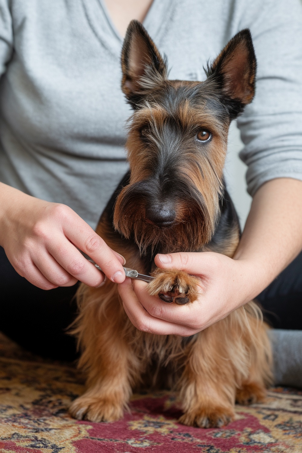 A person trimming the nails of a Scottish Terrier.