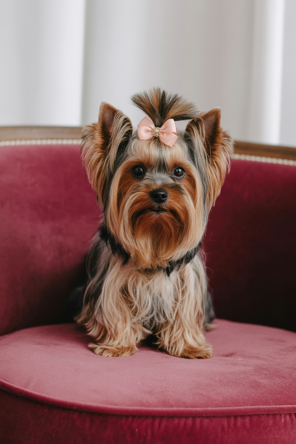 A Yorkshire Terrier with a pink bow sitting on a plush chair.