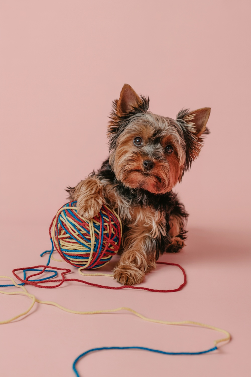 A Yorkshire Terrier playing with a colorful ball of yarn.