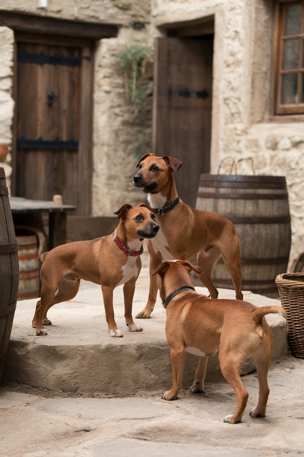 Three Border Terriers standing together in a rustic setting.