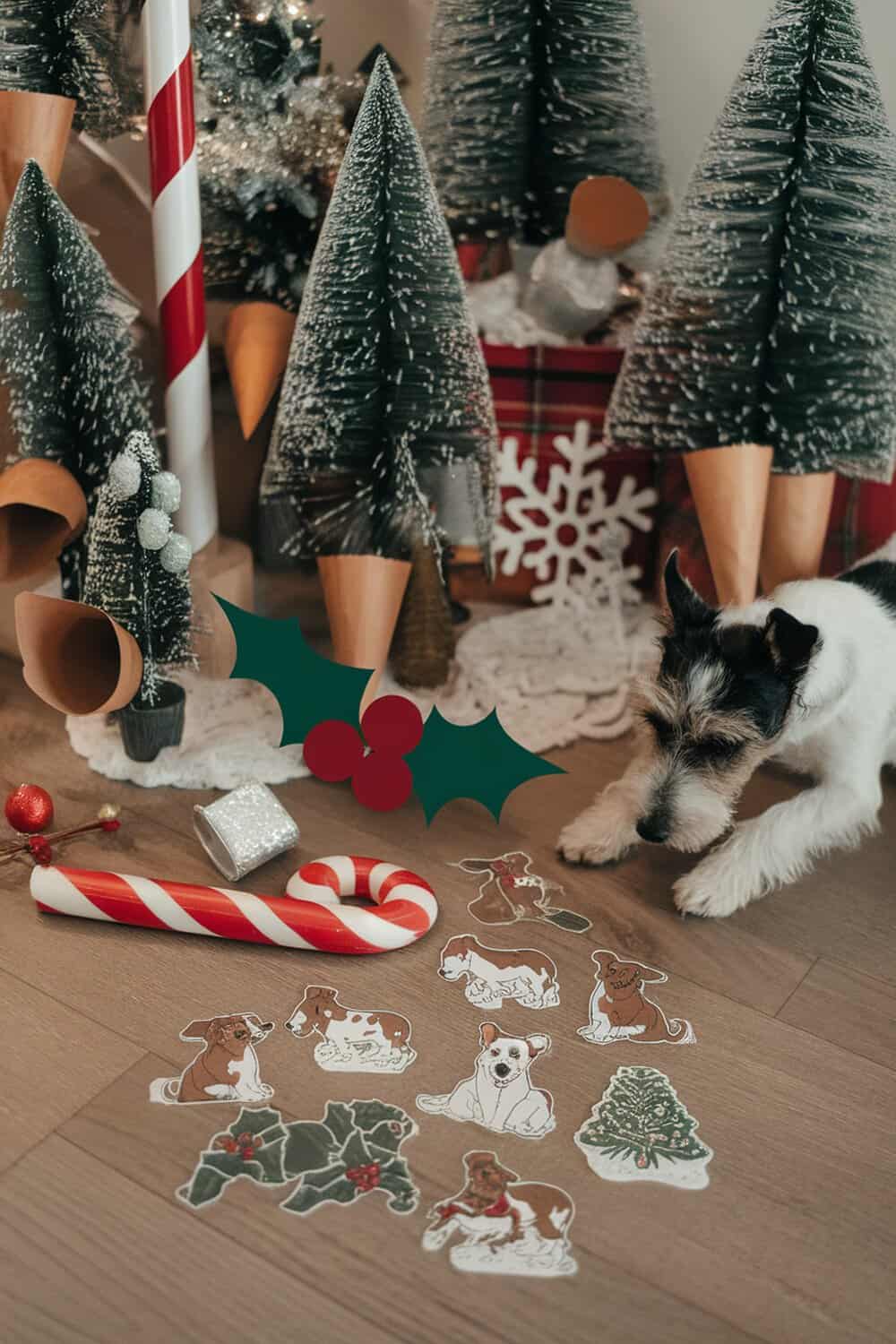 A collection of Christmas-themed dog stickers on a wooden floor with festive decorations.
