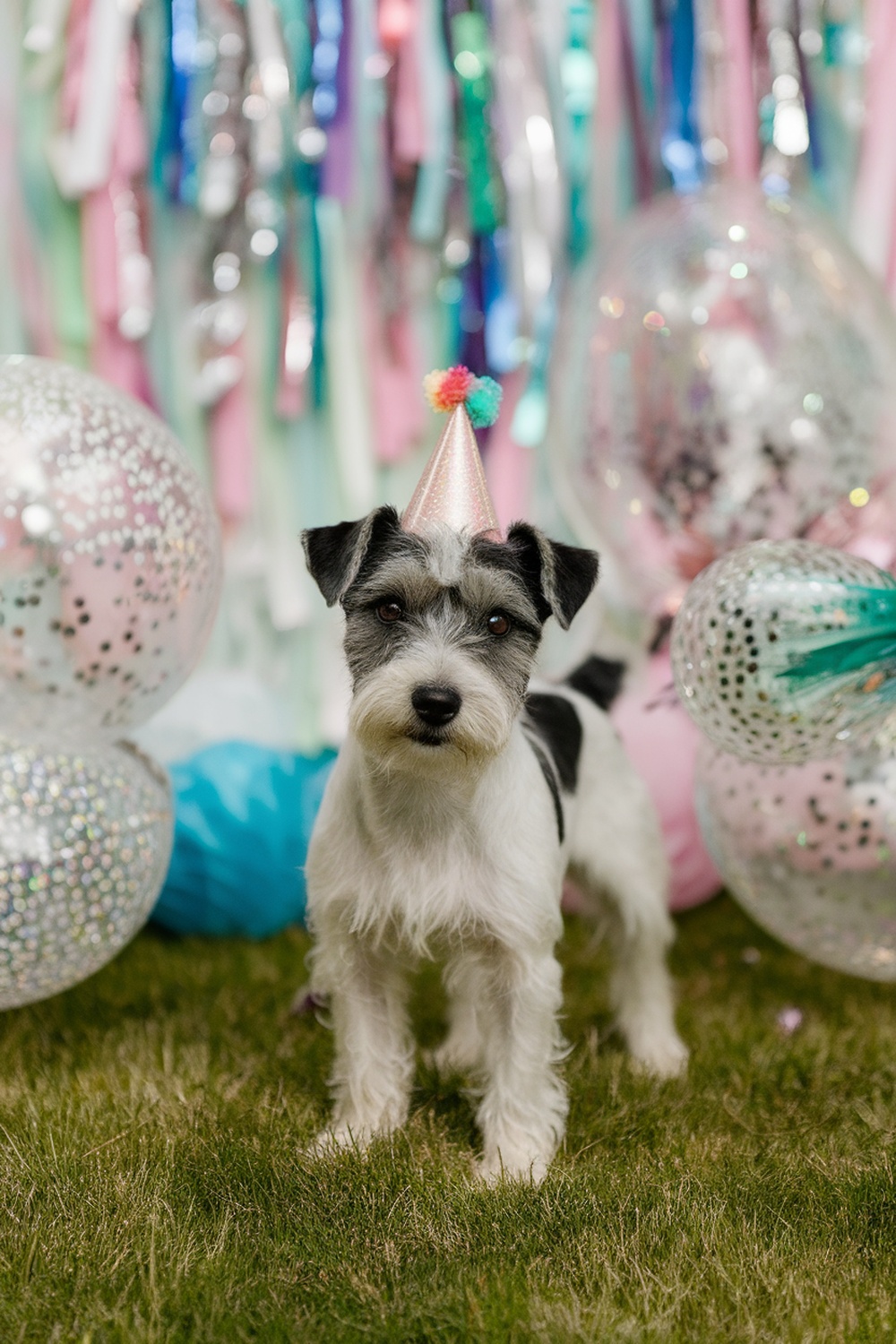 A terrier wearing a party hat stands in front of colorful balloons and shiny decorations.