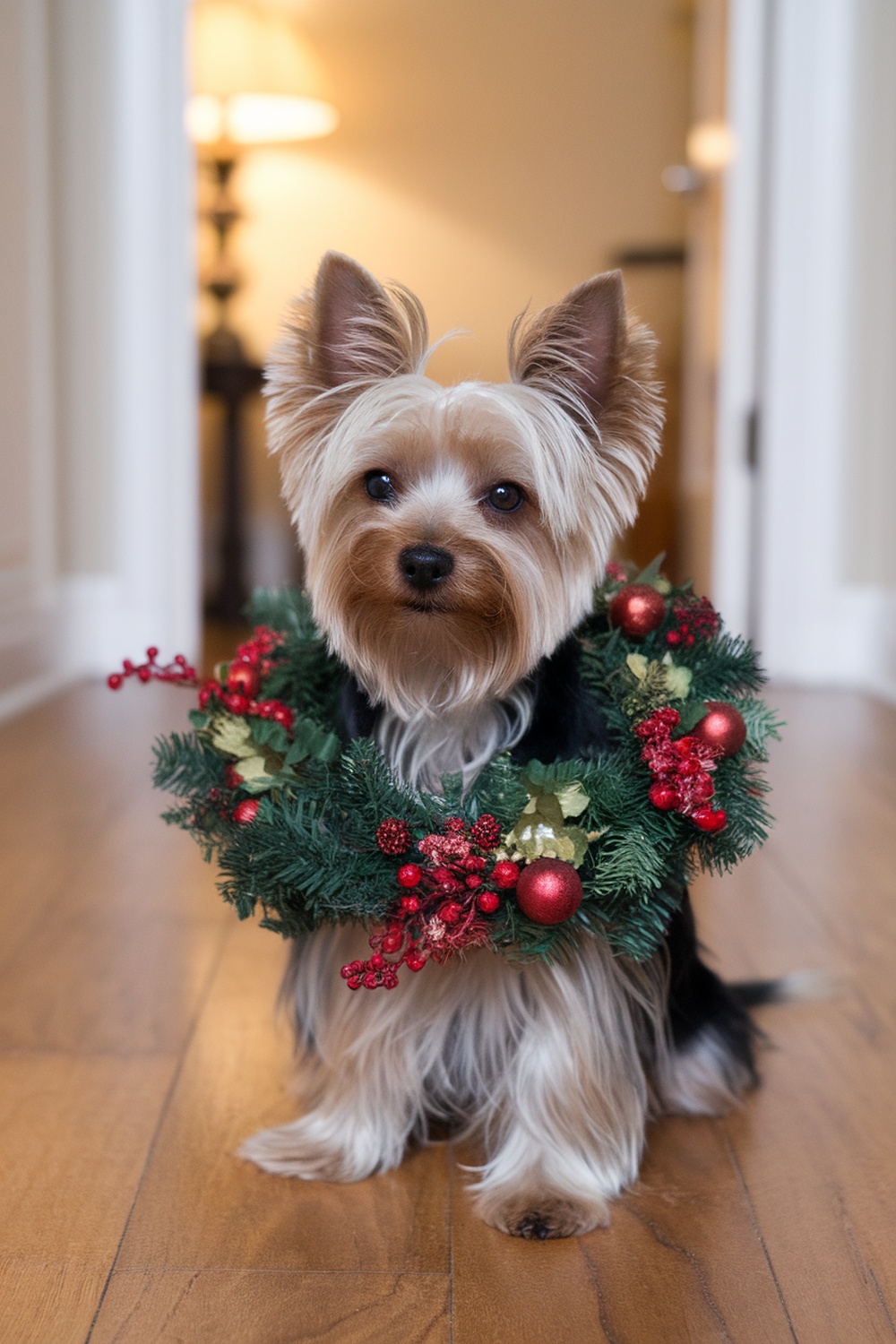 Yorkshire Terrier wearing a Christmas wreath