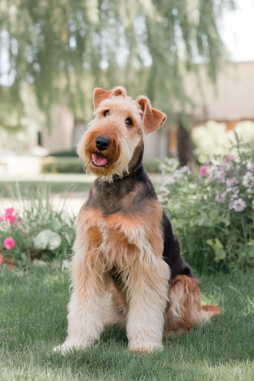 Airedale sitting in a garden with flowers.