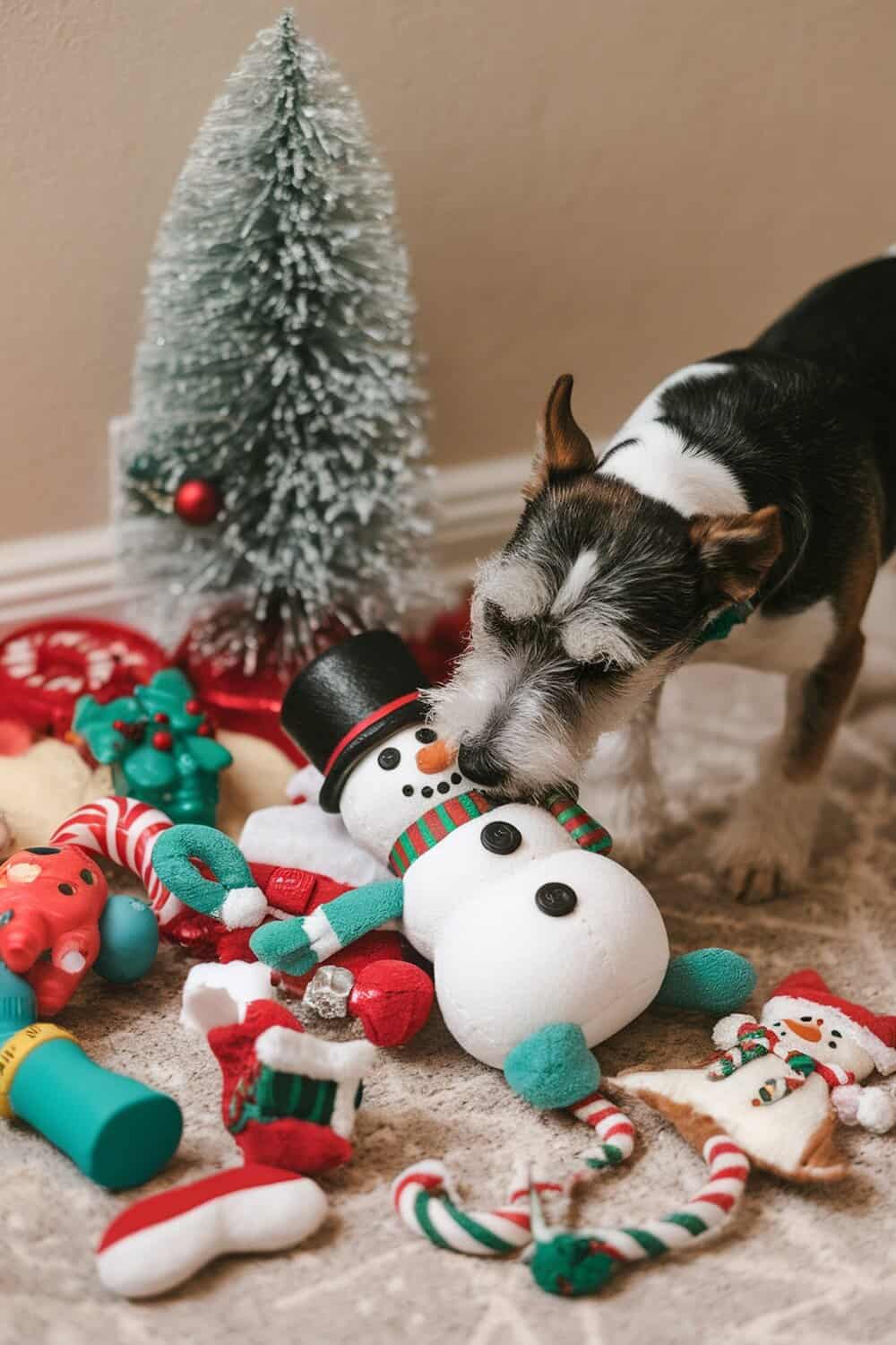 A terrier dog interacting with colorful holiday-themed chew toys.