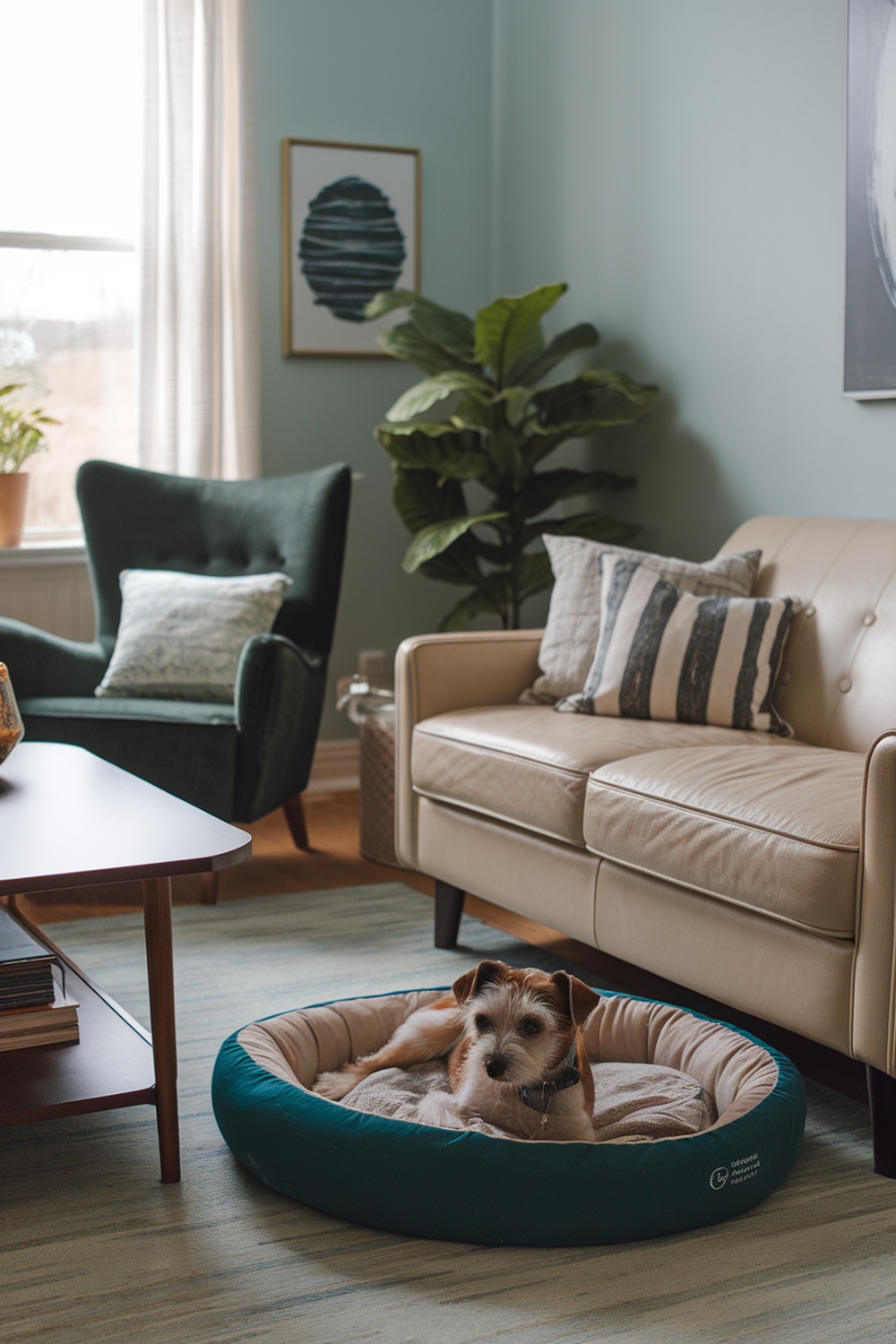 A Border Terrier relaxing in a cozy dog bed in a well-decorated living room.