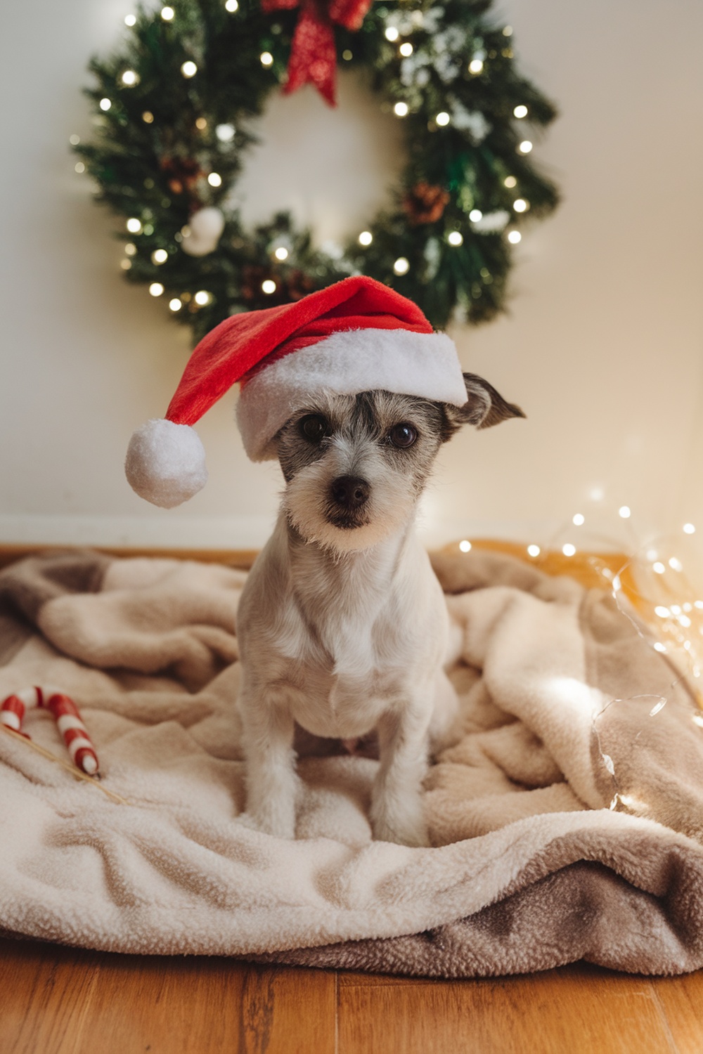 A terrier dog wearing a Santa hat, sitting on a blanket with a festive background.