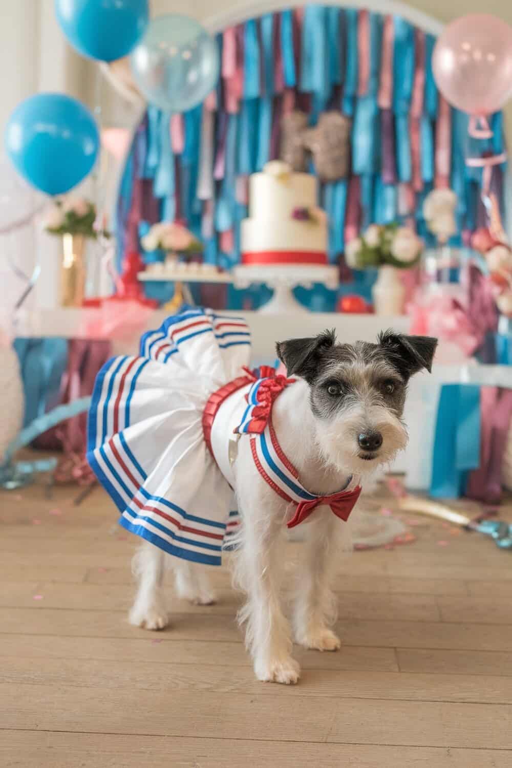 A terrier dog wearing a ruffled party dress with red and blue accents, standing in a festive setting.