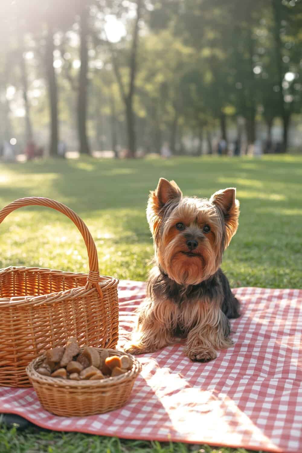 Yorkshire Terrier sitting on a picnic blanket with a basket of treats.