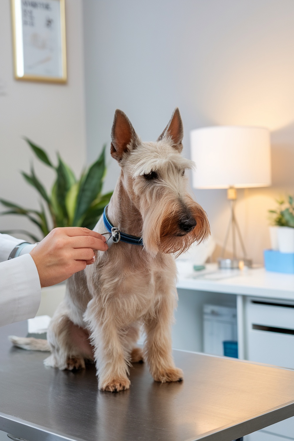 A Scottish Terrier at a vet check-up, receiving care and attention.