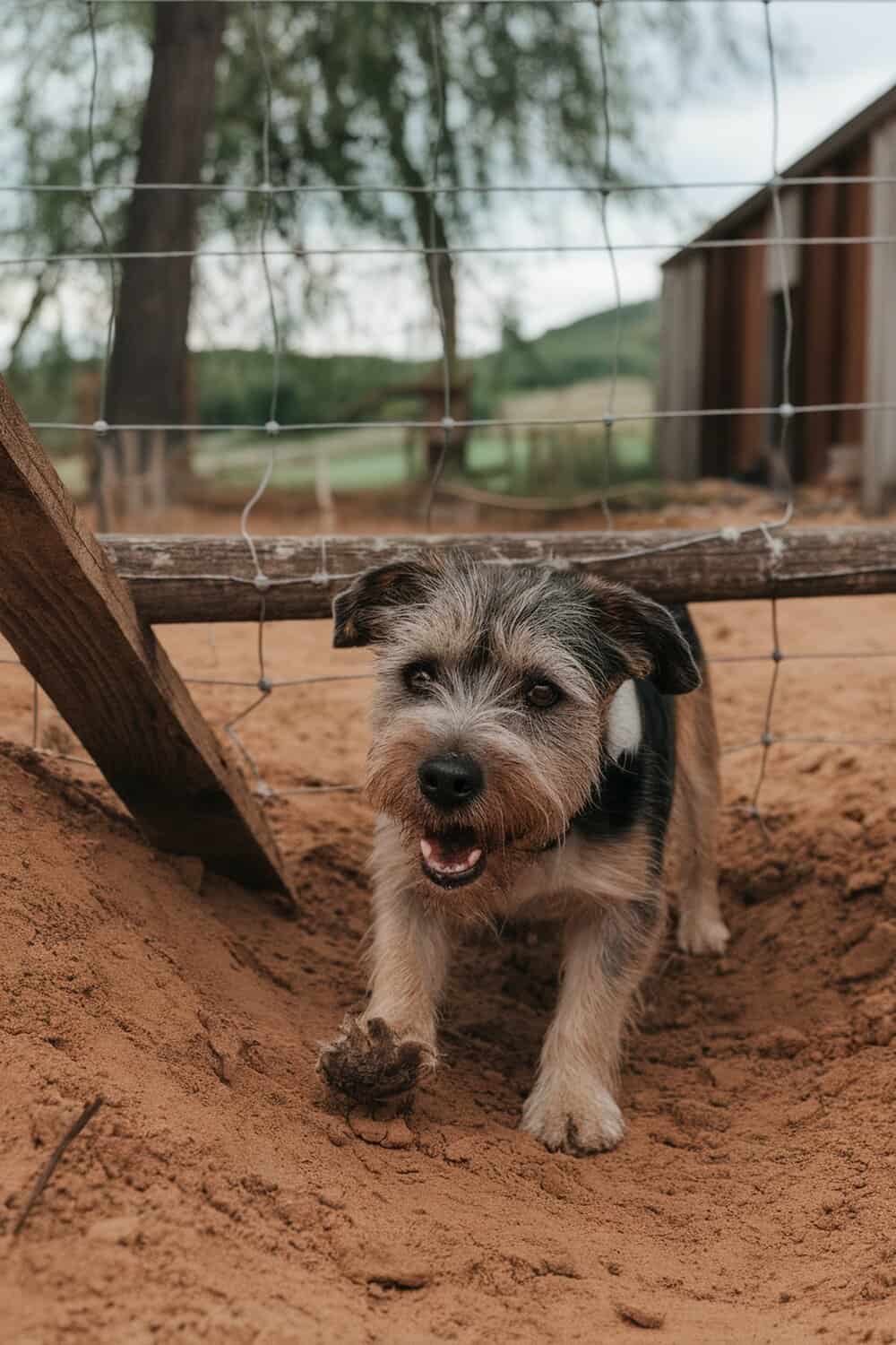 A Border Terrier joyfully emerging from a hole under a fence in a backyard.