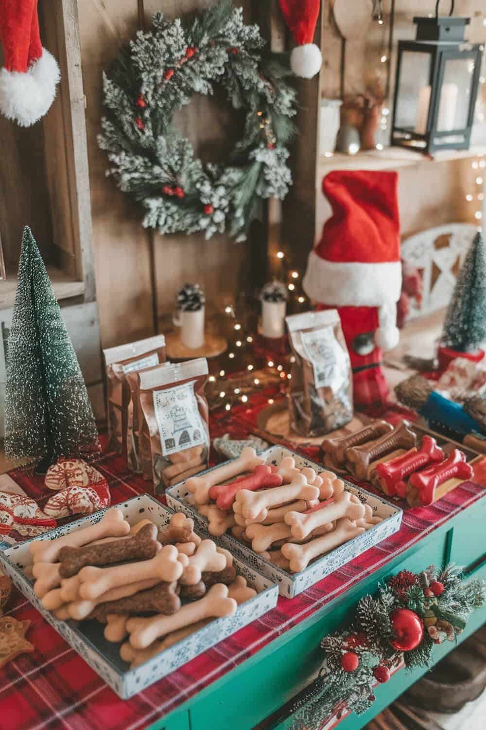 A festive display of dog treats including bone-shaped cookies, surrounded by holiday decorations.