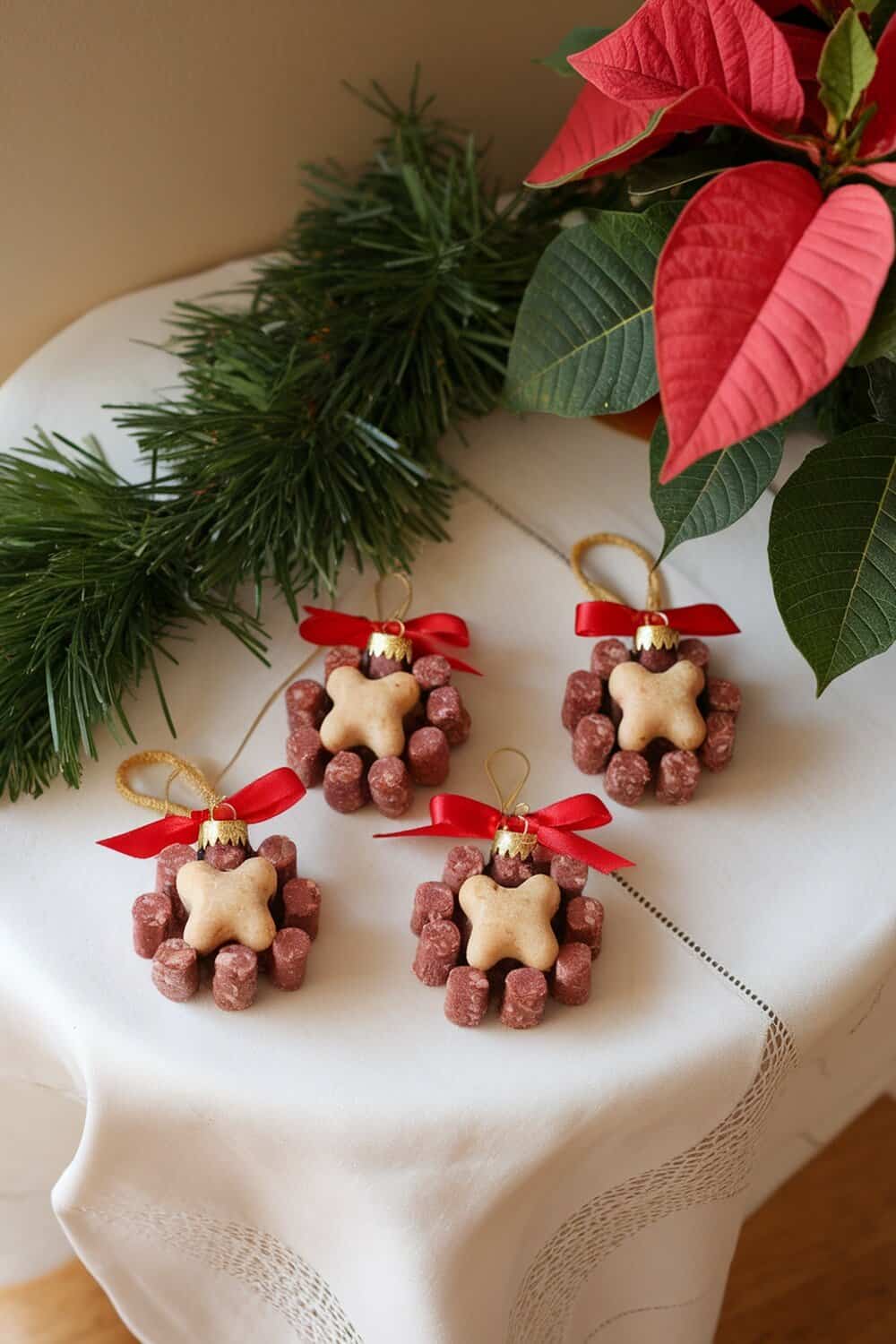 Homemade dog treats shaped like festive ornaments, made with beef and sweet potato.