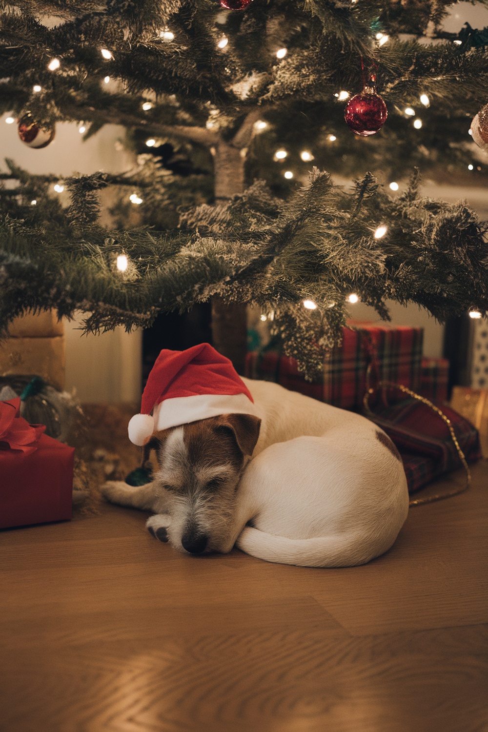 A sleepy terrier dog wearing a Christmas hat, curled up under a decorated tree.