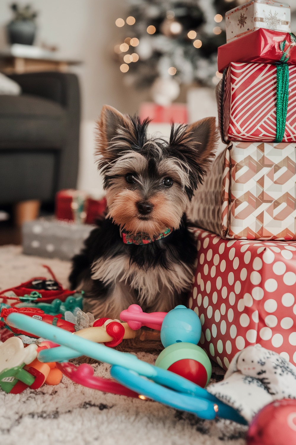 A Yorkie Terrier sitting among colorful holiday toys and wrapped gifts.