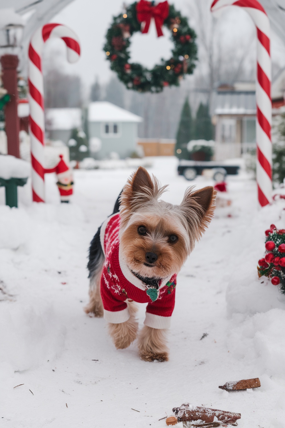 A Yorkie in a red Christmas sweater walking through snow with holiday decorations.