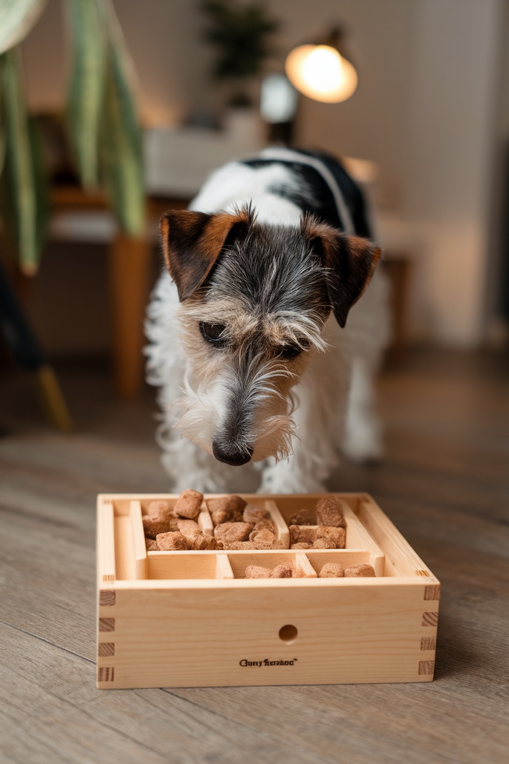 A terrier looking at a wooden puzzle feeder filled with dog treats.