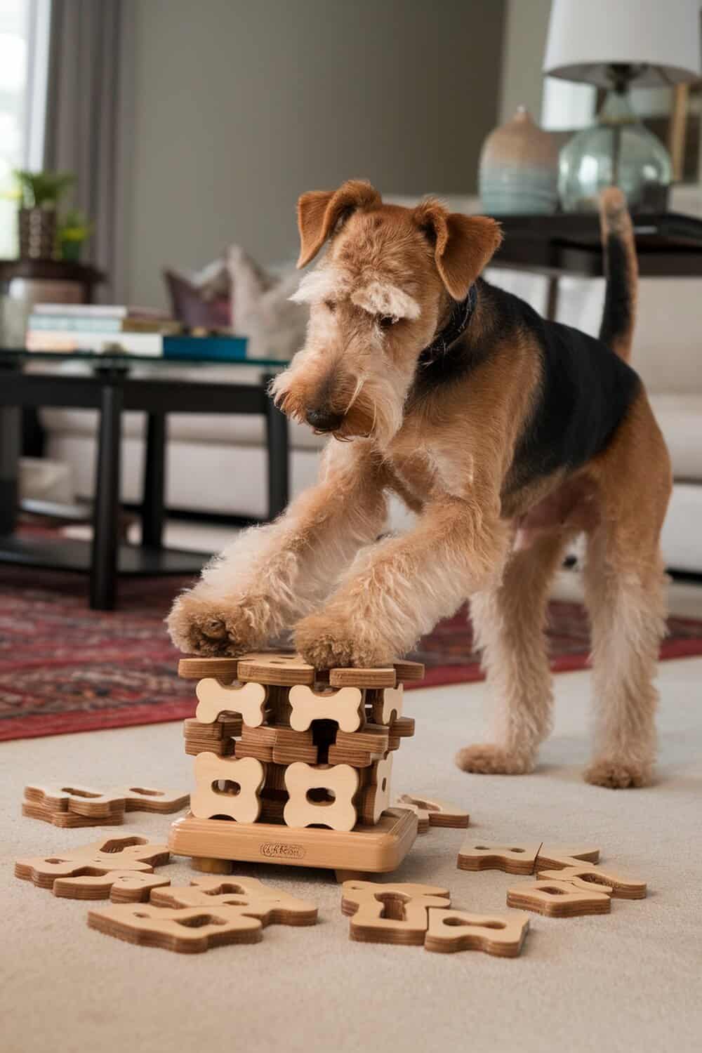 Airedale Terrier solving a wooden puzzle game.